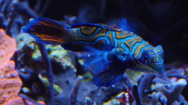 Close up of a Common mandarin goby, green mandarin, striped mandarinfish, striped dragonet, green dragonet and psychedelic mandarinfish moving around coral reef underwater