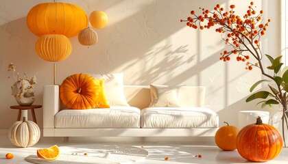 A sunlit, warm-toned interior scene with pumpkin decorations, a white couch, and plant accents