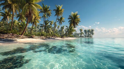 A serene tropical island paradise with crystal clear turquoise waters and lush green palm trees lining the white sandy beach under a bright blue sky.