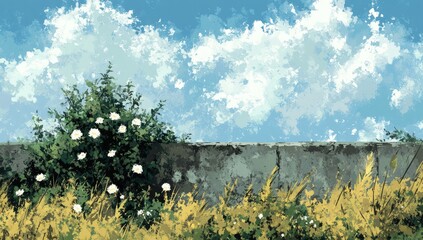 Sky meets concrete wall; white flowers bloom amongst gold grass