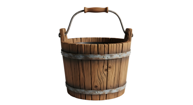 Rustic wooden bucket with metal bands and handle, showcasing its aged texture and vintage charm, isolated on transparent background