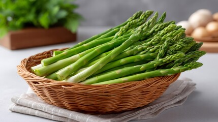 Fresh green asparagus spears in wicker basket