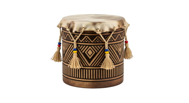 Handcrafted african drum isolated on transparent background, showcasing its intricate pattern and cultural significance in a studio setting