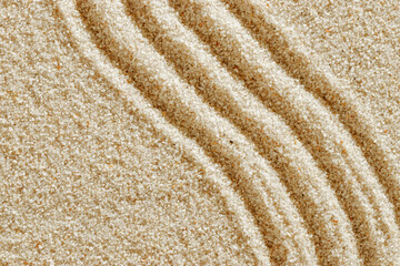 Aesthetic minimal natural sandy background with sandy waves and ripples, light and shadows. Pastel colored zen garden fon for Spa, meditation, relaxation, wellness. Style design concept, copyspace