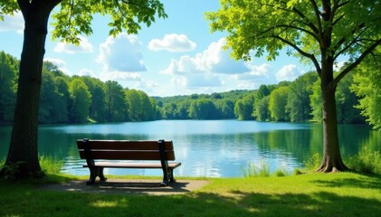Empty park bench overlooking serene blue lake, lush greenery , coast, environment, sunshine