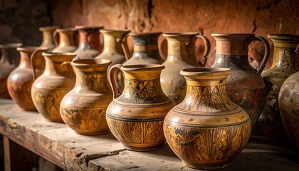 Aged pottery jugs arranged on a wooden shelf