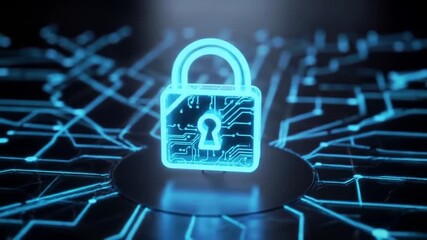 Glowing Blue Padlock Icon on Dark Electronic Circuit Board Backdrop - Powered by Adobe