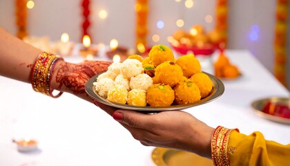 Hands Offering Delicious Indian Sweets for Festive Celebration