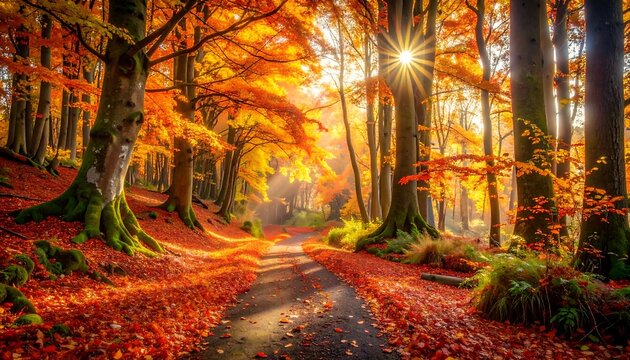 Autumnal forest path bathed in sunlight (2)