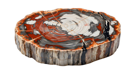 A polished petrified wood slice isolated on transparent background, revealing its vibrant colors and intricate growth rings, a testament to ancient forests