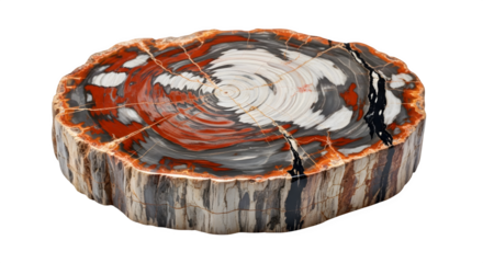 A polished petrified wood slice isolated on transparent background, revealing its vibrant colors and intricate growth rings, a testament to ancient forests