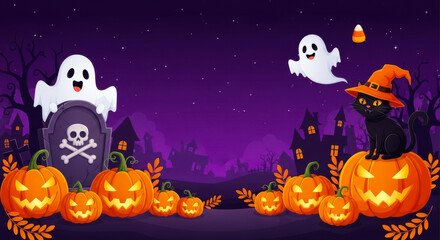 Fototapeta premium Spooky halloween scene with carved pumpkins, ghosts, and a black cat on a purple background