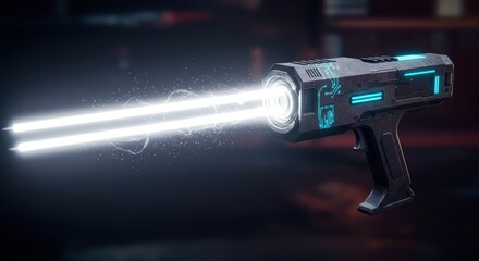 Futuristic weapon with energy beams and illuminated details against a dark background
