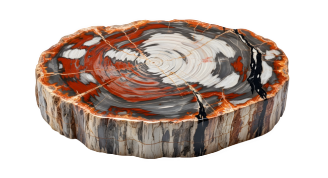 A polished petrified wood slice isolated on transparent background, revealing its vibrant colors and intricate growth rings, a testament to ancient forests