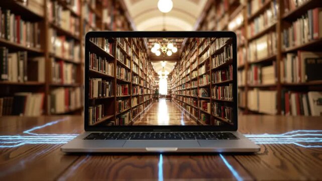 Laptop Displaying Long Library Hallway with Bookshelves and Electric Beams