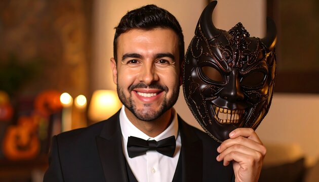 Smiling man in tuxedo holds ornate devil mask