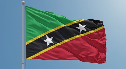 Saint Kitts and Nevis national flag waving proudly in the sky symbolizing identity and patriotism