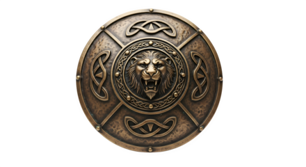 Antique bronze shield with a lions head in the center isolated on transparent background, a symbol of protection and strength from ancient times