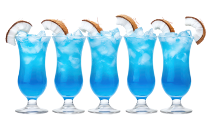 Five tall glasses of refreshing blue cocktails with coconut garnish