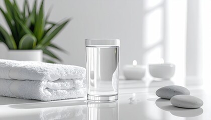 Minimalist Spa Setting with White Towels Water Glass and Stones in Soft Light