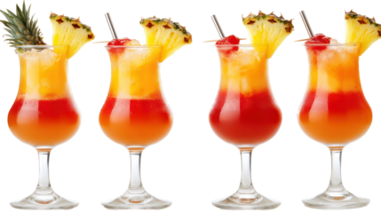 Four tropical hurricane cocktails with pineapple and cherry garnishes