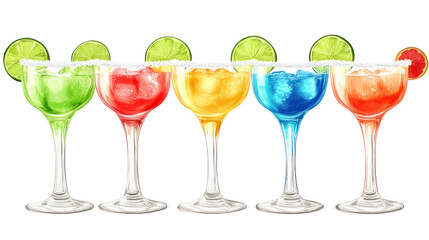 Colorful margarita cocktails with lime and salt rims