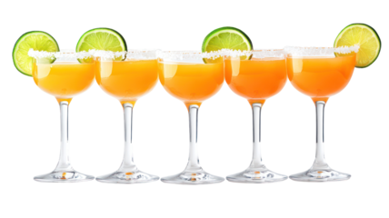 Five refreshing orange cocktails garnished with lime slices on a black background