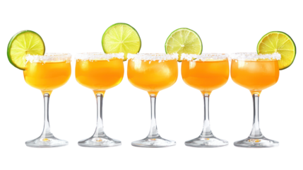 Five refreshing orange cocktails with lime garnishes on a black background