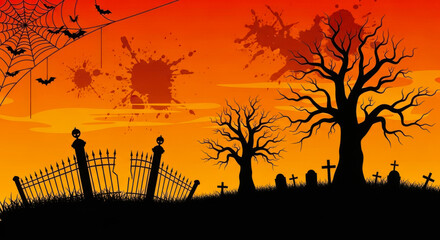 Spooky halloween graveyard scene with dead trees, bats, and a spiderweb against a fiery orange sky