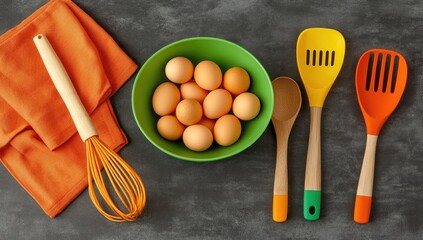 Cooking prep eggs in a bowl, utensils, orange cloth