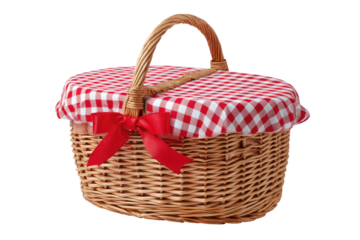 Oval wicker picnic basket with red gingham lid and ribbon