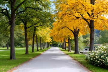 Park path during autumn season showing colorful trees