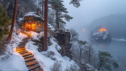 Cozy stone cottage atop snowy cliff overlooking foggy lake