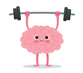 Cute strong brain character lifting up weight barbell for brain training exercise concept
