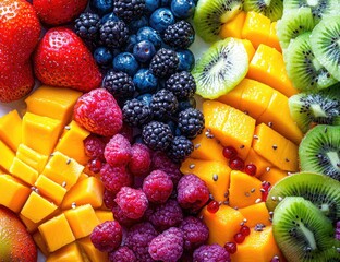 Obraz premium Bright, colorful array of assorted fresh cut fruits