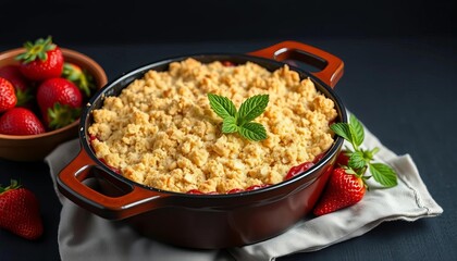 Rustic summer strawberry crumble in cast iron dish, black background, cozy, crumb