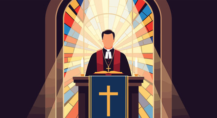 A religious leader stands at a pulpit in a church during a sermon.