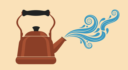 A classic stovetop kettle is shown with steam billowing out of its spout onto a pale yellow background.