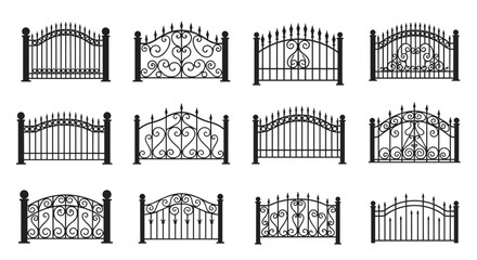 An assortment of decorative wrought iron fence sections with intricate designs and varying patterns.