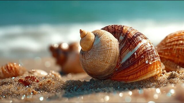 Detailed close up of seashells on sandy beach with ocean background