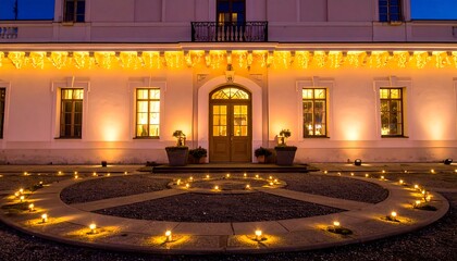 Elegant Exterior of a Lit Mansion at Dusk for Events and Celebrations