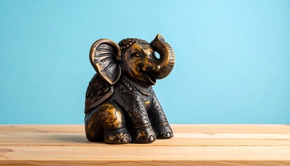 Golden Elephant Statue on Wooden Surface Turquoise Background
