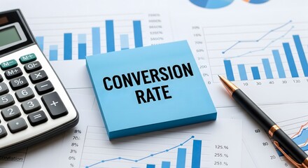 Obraz premium Conversion rate text on blue note with charts, graphs, calculator and pen symbolizing digital marketing, business analytics and sales growth strategy