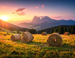 Hay bales in a mountain valley at sunset