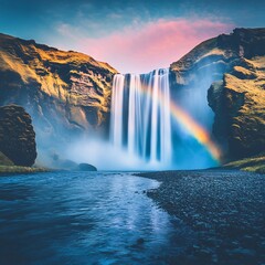 Breathtaking view of skogafoss waterfall in iceland with a rainbow at sunset, surrounded by rugged cliffs and colorful sky