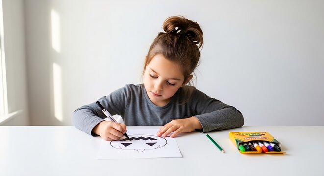 Child drawing a Halloween mask on a minimalist white table 