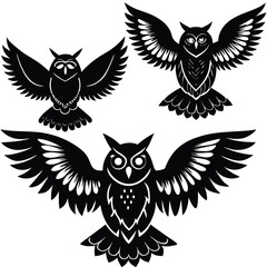 Set of three majestic owls spreading wings vector illustration scalable graphic elements isolated on white background