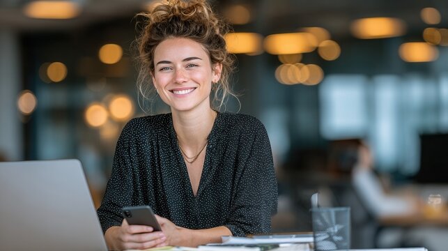 Hispanic businesswoman manager using mobile phone in modern office