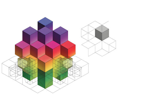 Colorful gradient cubes stacked on wireframe grid isolated on a transparent background geometric