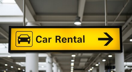 Obraz premium Yellow car rental sign with arrow in airport parking area, symbolizing transportation service, vehicle hire, travel convenience, mobility solution, and tourism industry